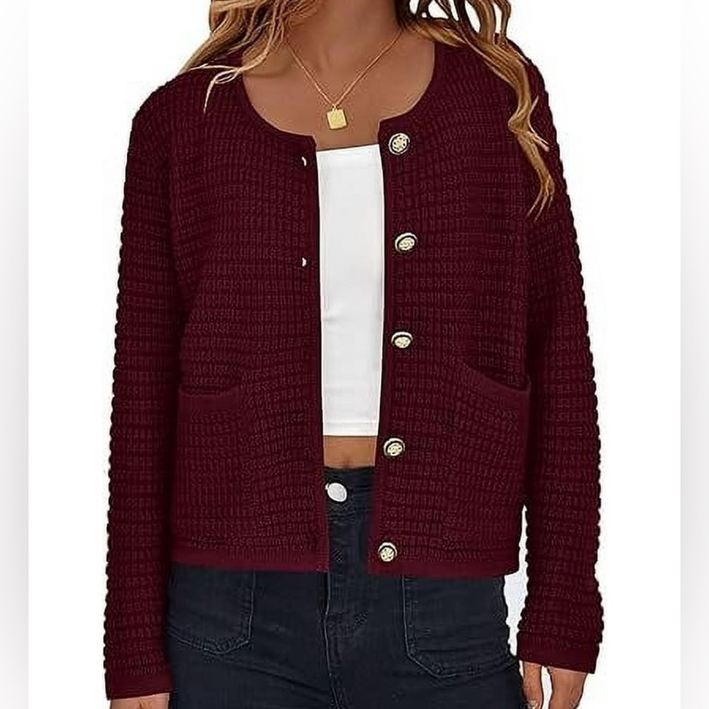 NWT PRETTY GARDEN Women's Medium Wine Red Knit Cardigan Sweater